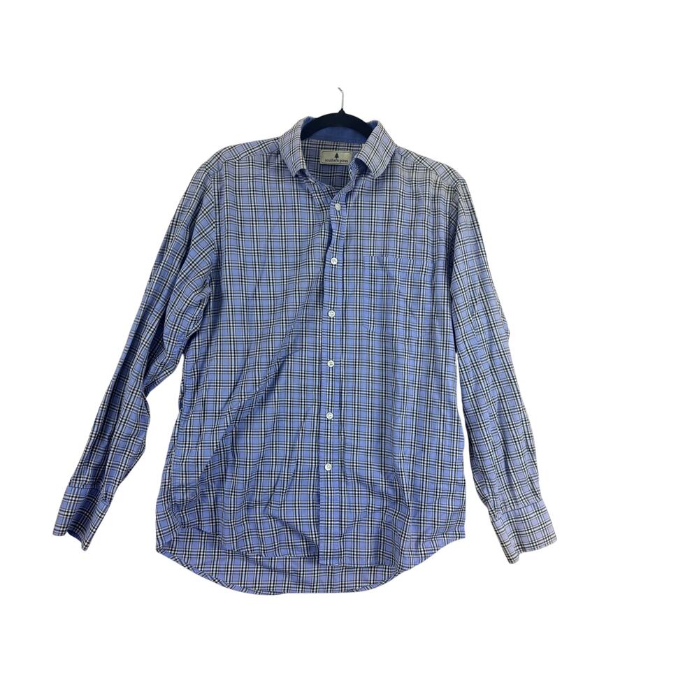 Southern Pines Blue Plaid Button Up Shirt Mens Medium Long Sleeve